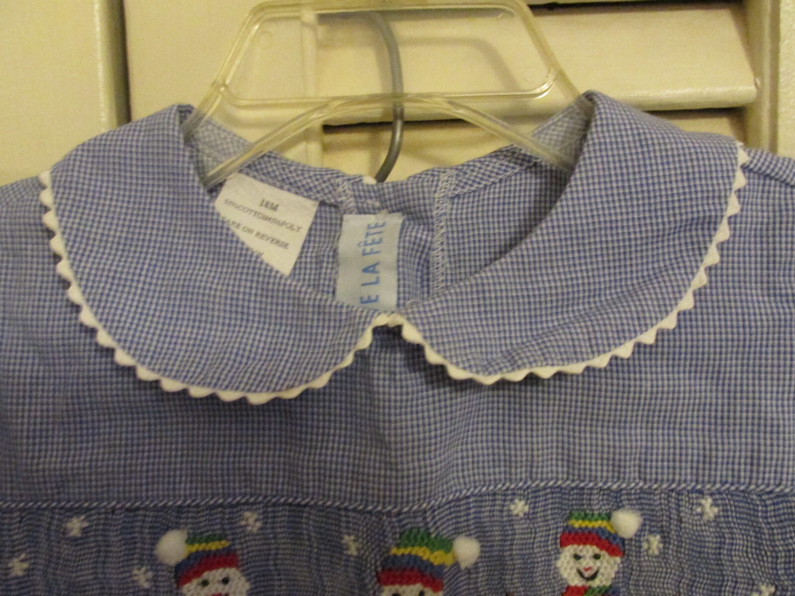 Vive la Fete Girls Smocked Snowman Blue Gingham Outfit 2Pc Ruffle Pants Top 18M