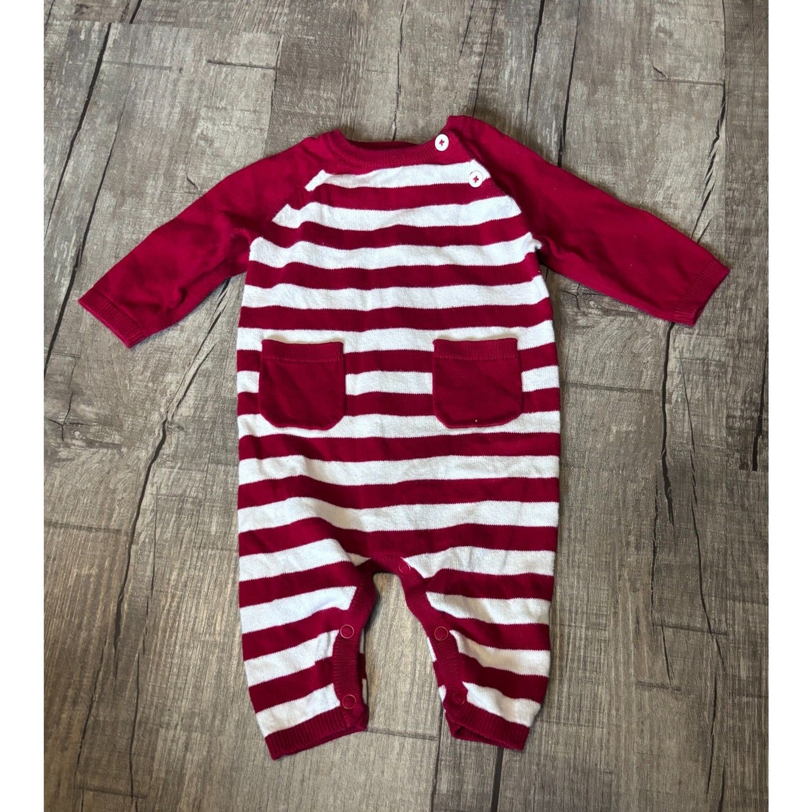 Cat & Jack Red White Stripe Knit Romper 0-3 Months Long Sleeve Snaps