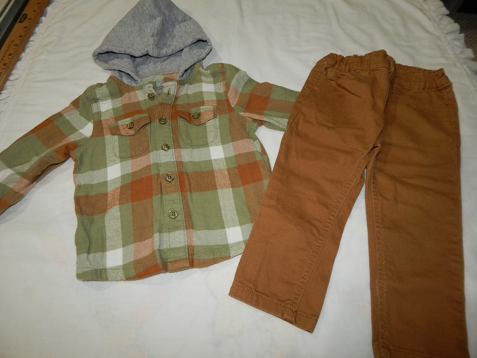 Boys 2T Flannel Hooded Shirt and Tan Fitted Jeans Pants Outfit TOO CUTE