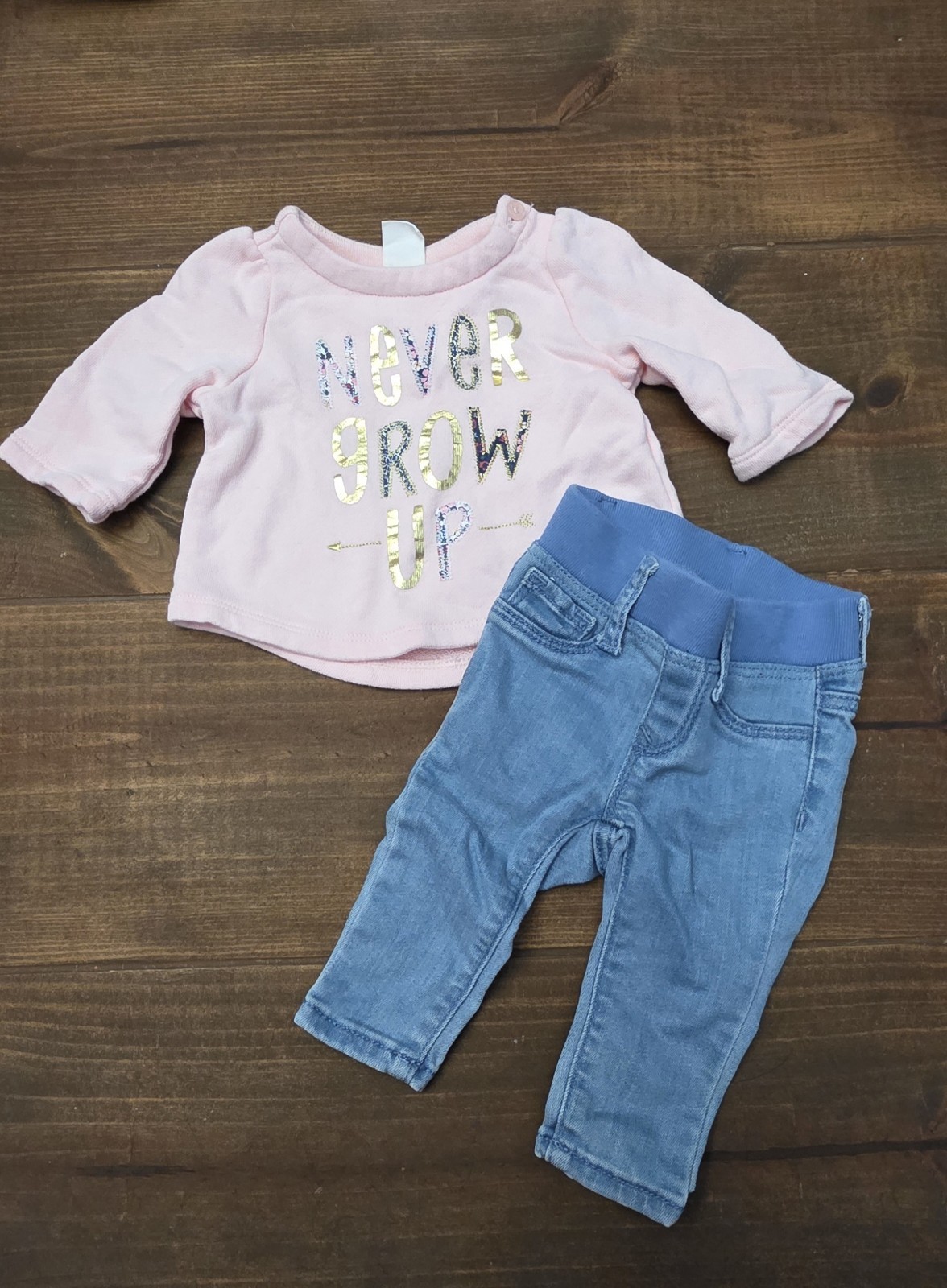 Baby Gap “Never Grow Up” Pink Sweater & Jean Outfit, Size 0-3 Months