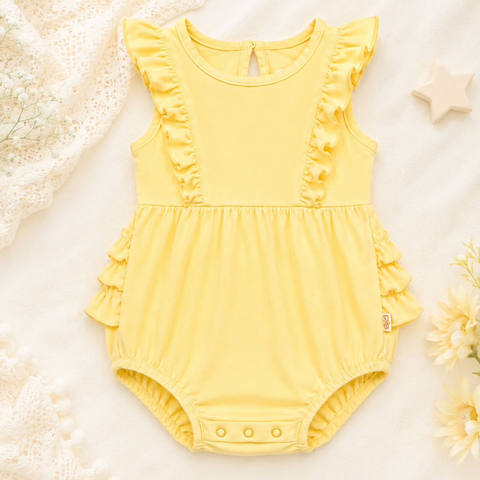 RuffleButts Baby Girl Lemon Yellow Ruffled Romper 3-6M New Without Tags