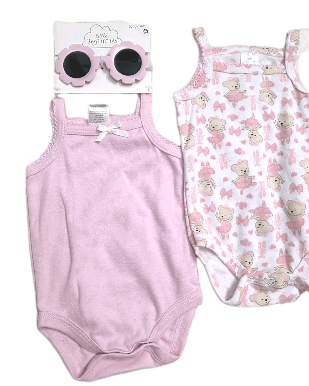 NWT Baby Girl Outfit Bundle: 3 Bodysuits + Sunglasses Brand Little Beginnings