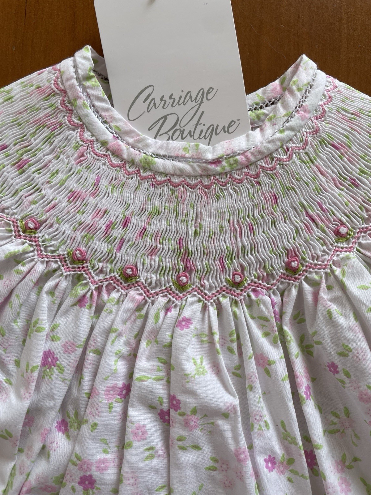 Carriage Boutique NWT Pink/White Floral Smocked Bishop Dress & Bloomer-18Mos