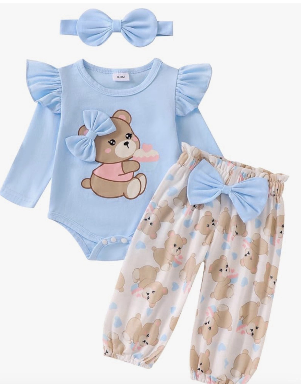 Ursobutegl Newborn Infant Baby Girl Outfits Ruffle Bear Long 0-3 Months, Blue