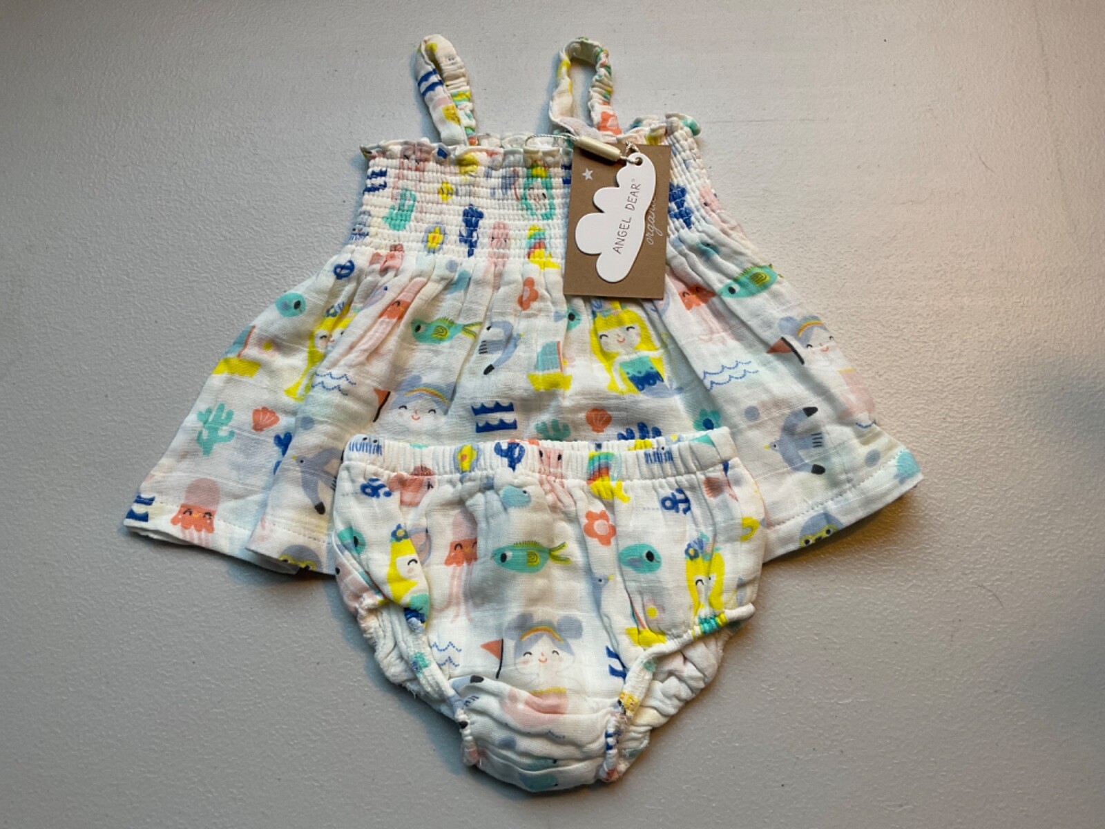 Angel Dear Organic Muslin Smocked Top & Bloomer**NWT** Sea U Mermaids 6-12 m