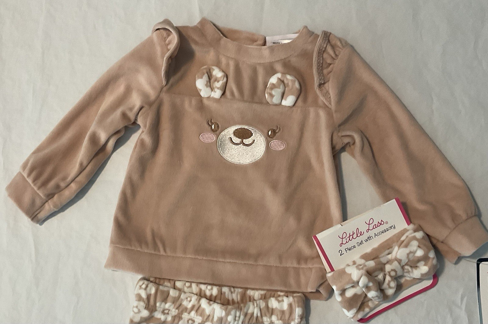 Little Lass Infant Girls 3-6 Mos Beige Velour Floral Bear Top Pants Headband Set