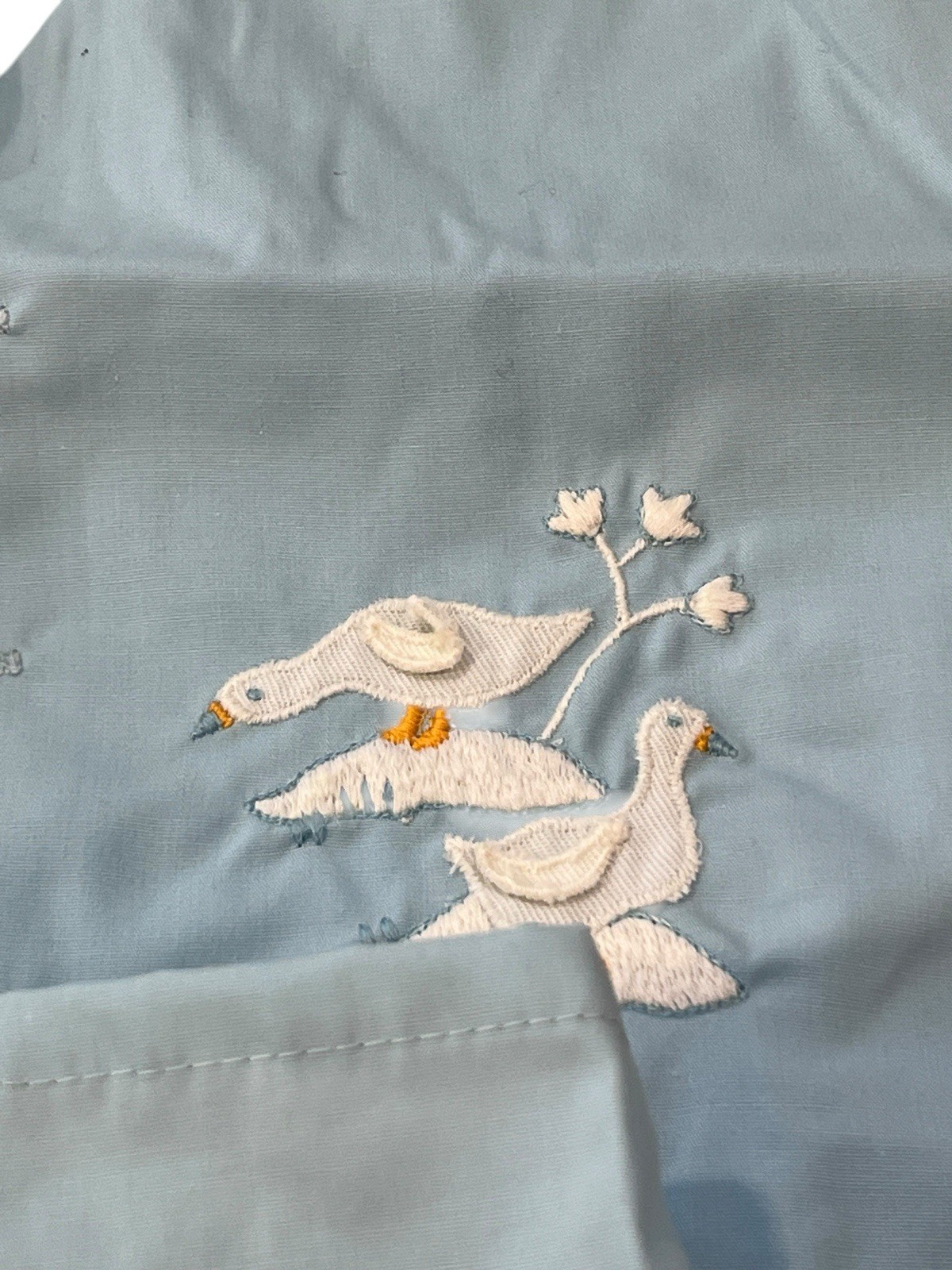 Vintage 70s Infant Blue Boy’s Adorable 2-Piece Outfit Embroidered Goose Geese