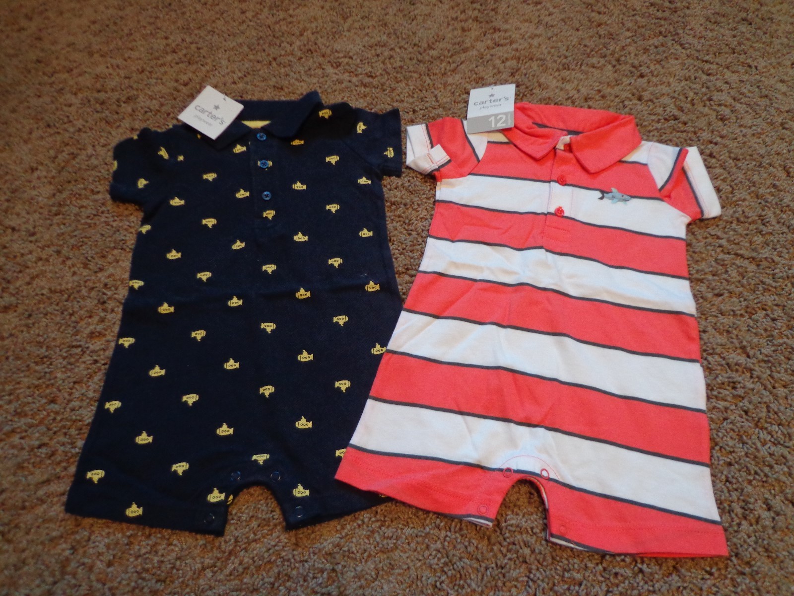 CARTER’S boy’s sz 12 months NWT cotton short sleeve outfits (2) shark & subs