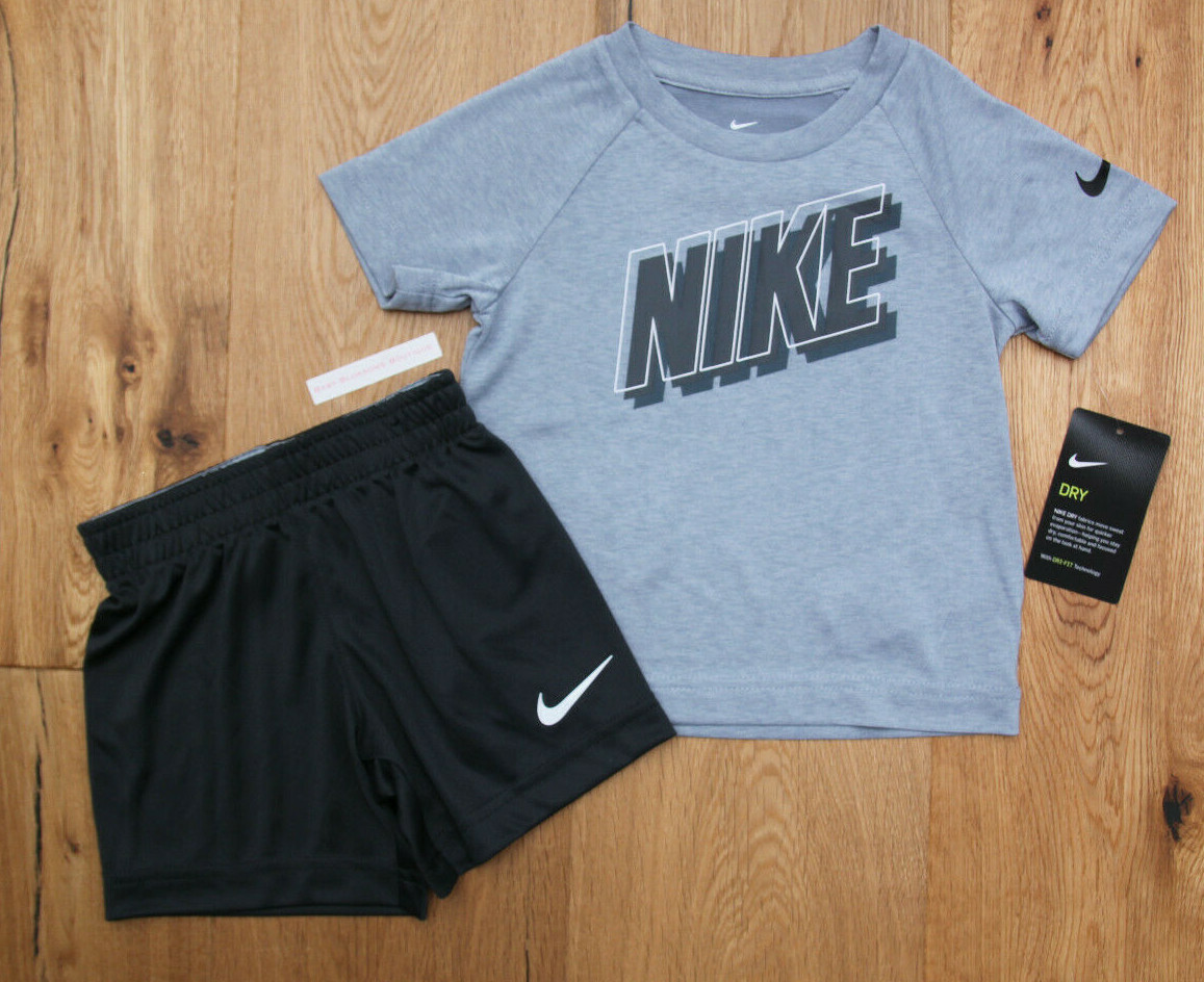 Nike Baby Boy Shirt & Shorts Set ~ Blue Gray, Dark Gray & White ~ DRI-FIT ~ 12M