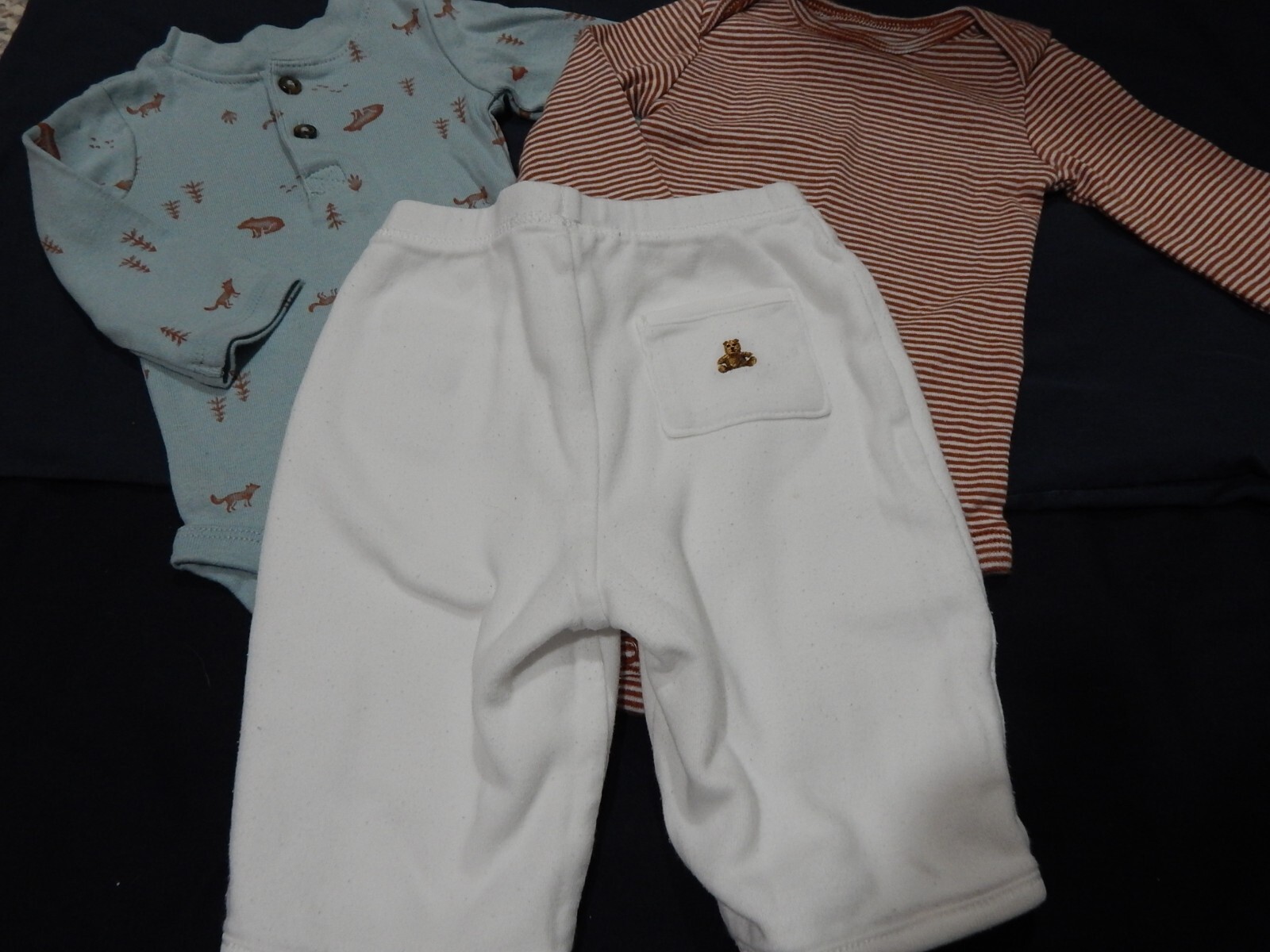 3 Piece Baby Boys 0-3 Months BEAR FOX Henley One Pieces and Pants Bundle