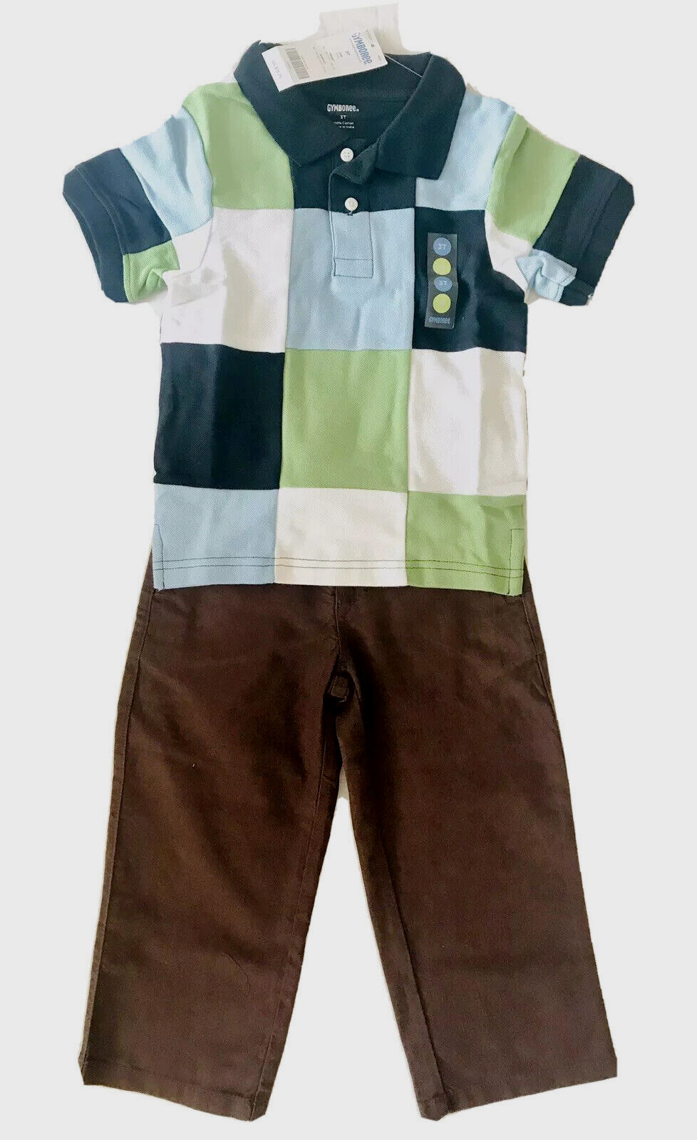 Gymboree Boys 2 pcs Set Polo Shirt Cotton Blue and Linen Blend Pant Brown sz 3T