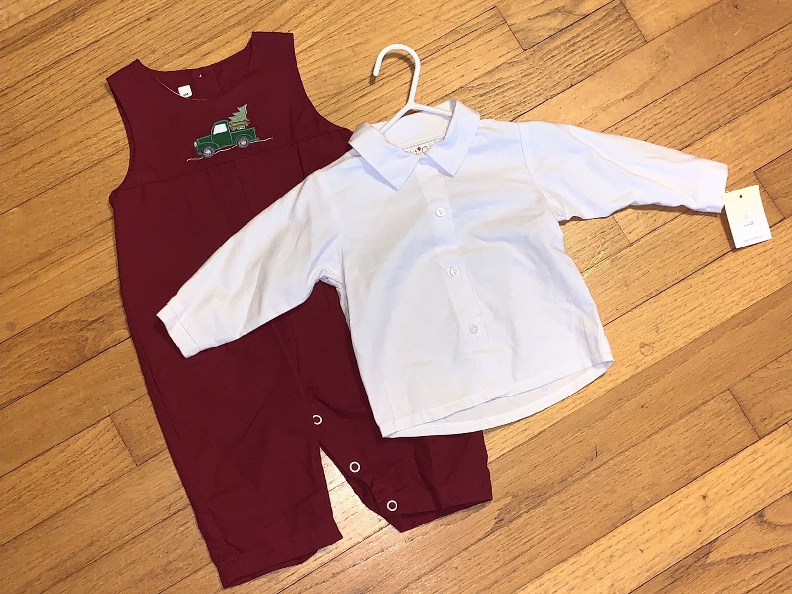 NWT Petit Ami Truck Tree Longall/Romper & White Shirt 6 Months
