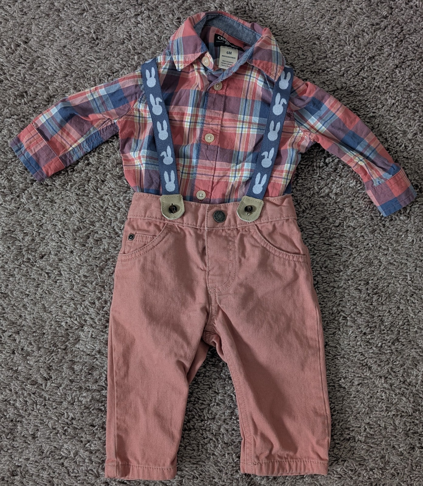 Boys Easter 18m Outfit Osh Kosh Plaid Button Up Bunny Suspenders Pants VGUC