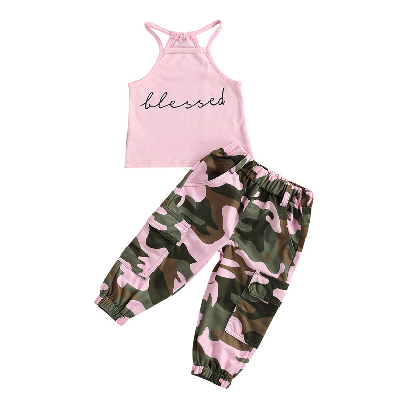 Toddler Newborn Baby Girl Outfits Clothes Print Halter Vest Camouflage Pants Set