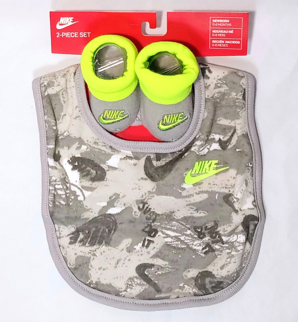 NIKE 2 Piece Bib & Sock Set 0-6 Months Gray Camo & Lime Green Newborn Baby Gift