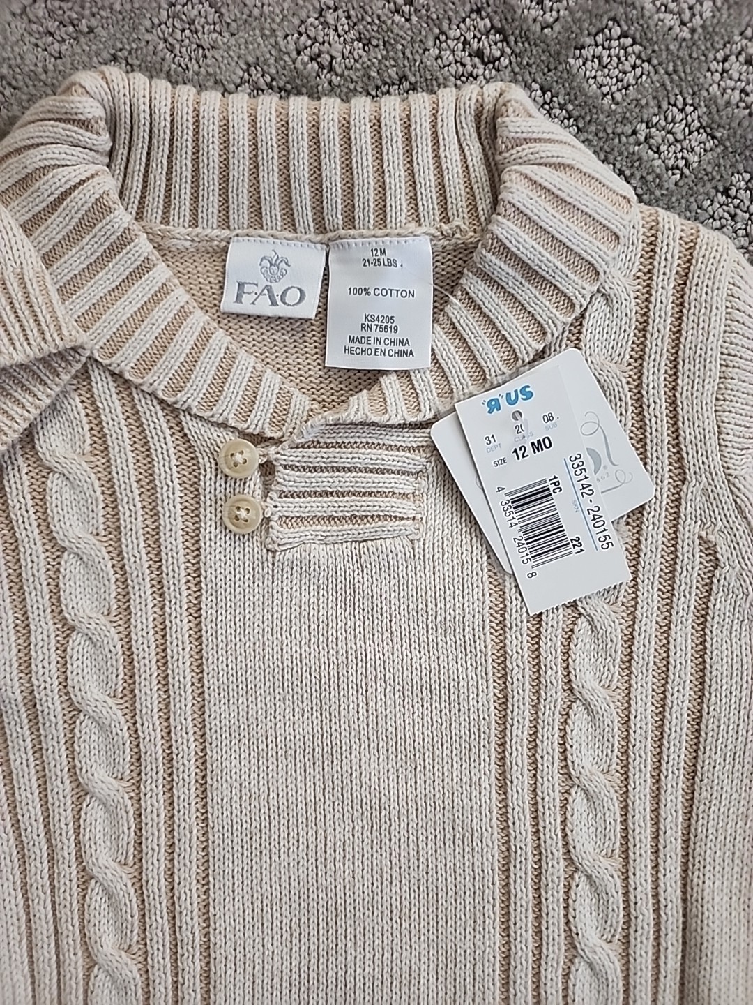 FAO Schwarz Cable Knit Sweater/hat 1 PC Outfit Camel Beige Brown 12 Mths Unisex