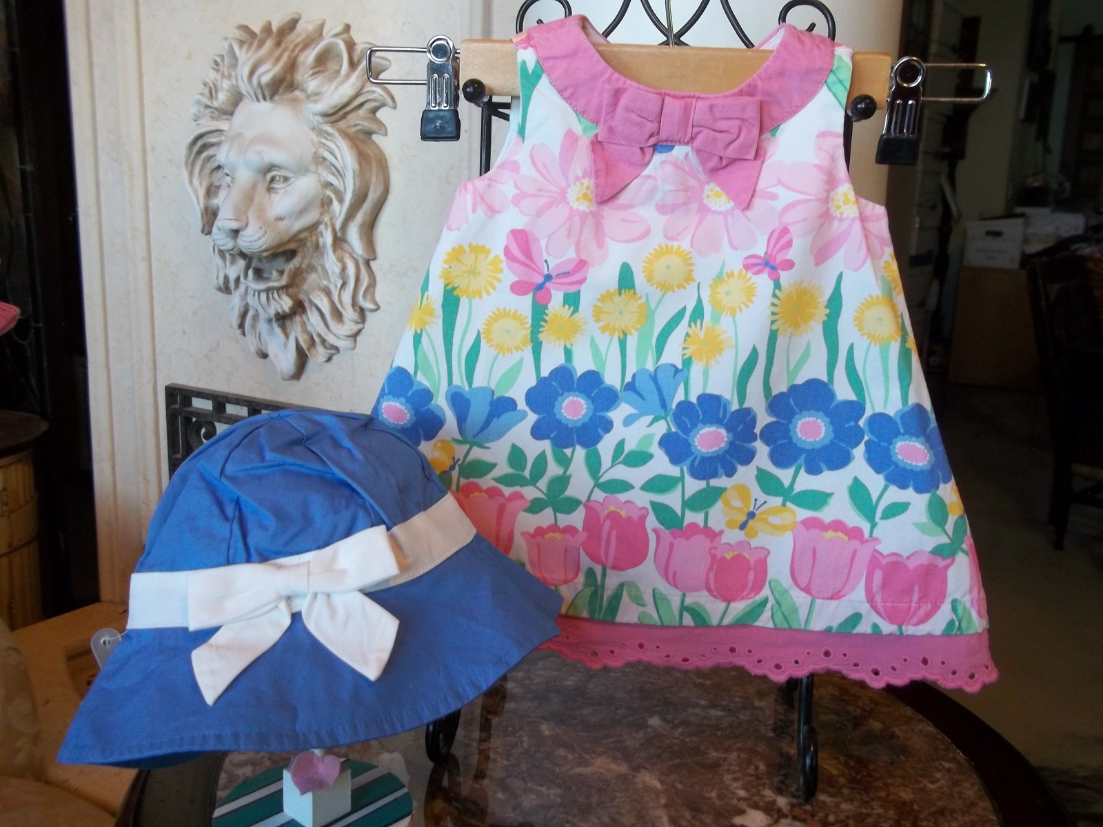 2014 Gymboree All Ruffle Up eyelet trim watercolor bow dress chin strap hat 3-6