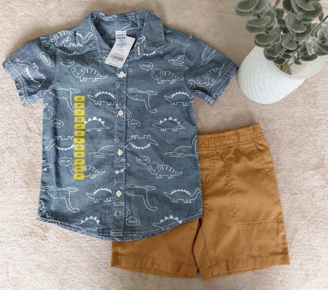 Carters 3t Outfit Boys Dino Short Sleeve Khaki Shorts