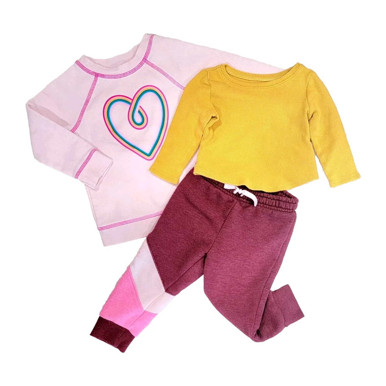 Cat&Jack 18m Sweat Suit Bottoms & Oversized Top Pink/Maroon+Gold Waffle Knit Top
