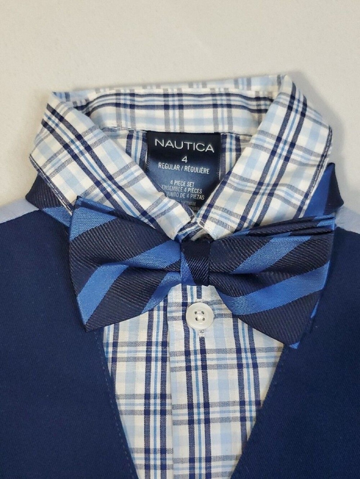 Nautica NWT Boys Navy Vest, Blue Striped Bow Tie, Plaid Button Down Shirt Sz 4