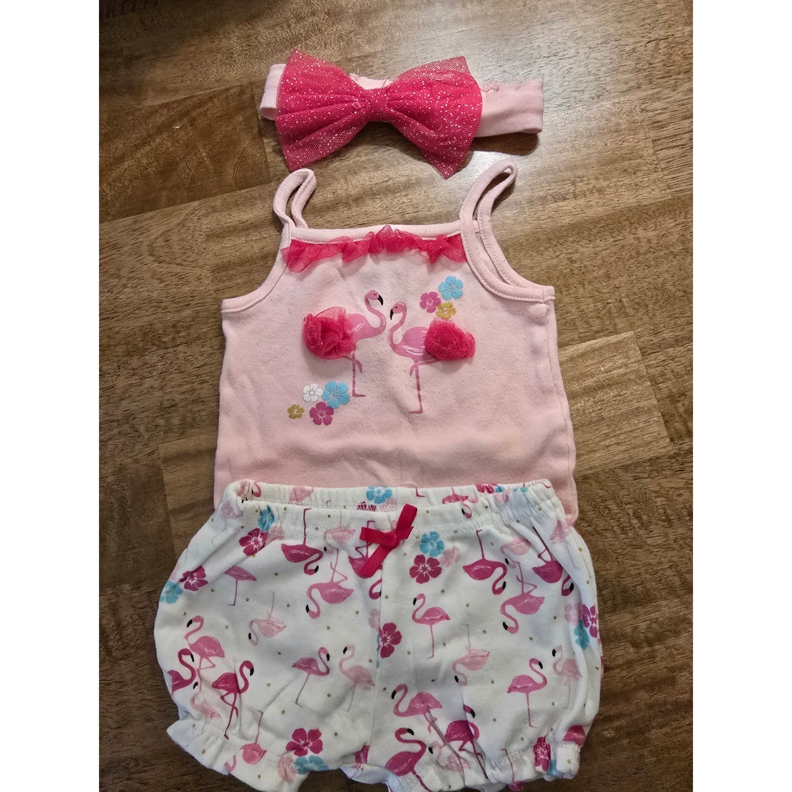 Baby Starters Pink Flamingo 4pc Outfit Set Tutu Bloomers Headband 6 Months
