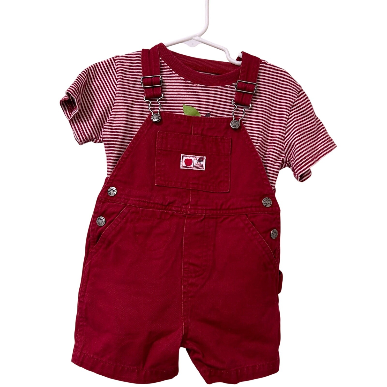 The Childrens Place Boys Size 18 Mo Red Shortalls & Striped T Shirt Apples Y2K