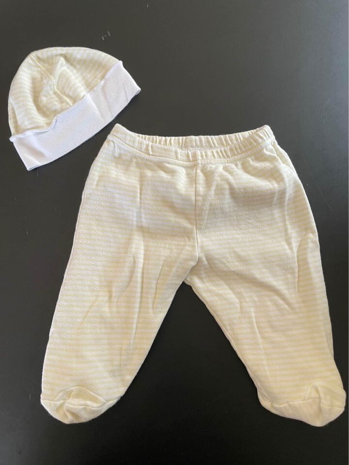 Outfit Set horizontal Stripped yellow white matching Pant Hat Infant sz 6-9 Mo