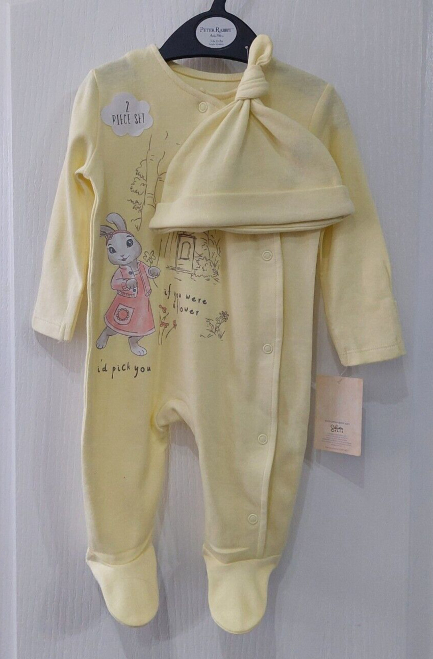 Baby Girls Peter Rabbit Lily Bobtail Lemon Sleepsuit & Hat Set 3/6 Months