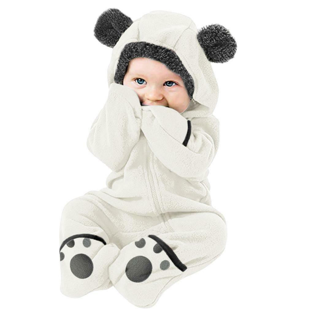 Boys Girls Bear Feet Polar Fleece Hooded Bodysuit Romper Jumpsuit Newborn Baby
