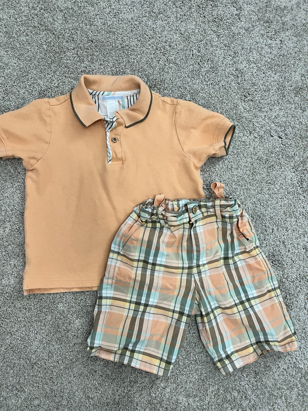 Vintage Janie & Jack Boys Peach Polo & Plaid Shorts Set Summer Vacation Size 3T