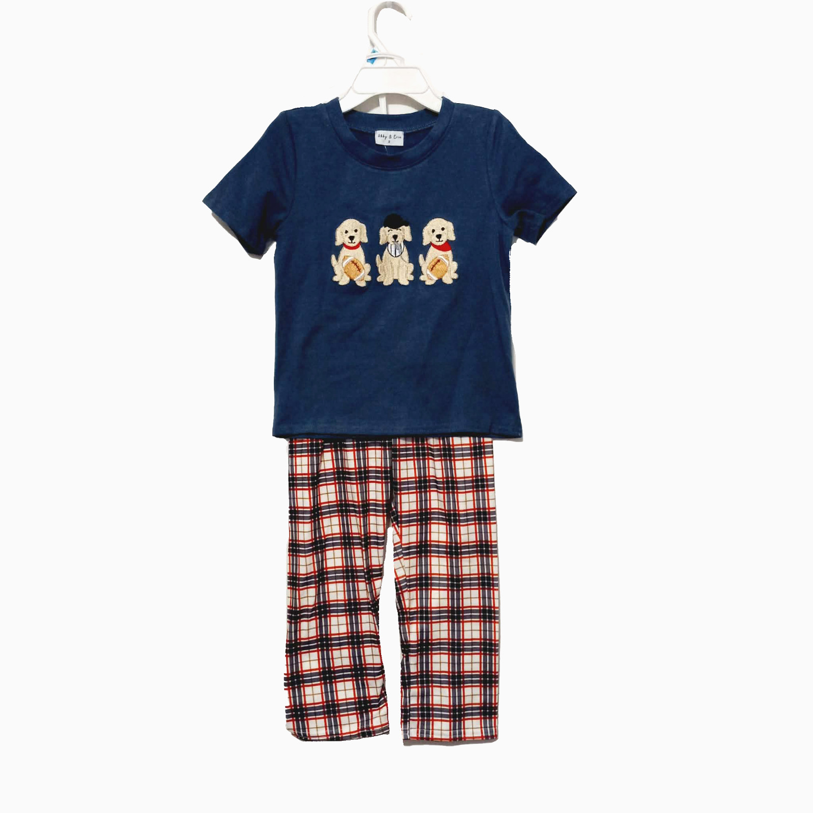 NWT Abby & Evie Boys 3T Dogs Football Plaid Pants Set Embroidered Short Sleeve