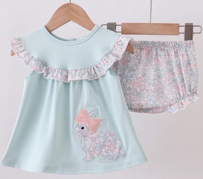 Blue floral bunny applique bloomer set By Abby & Evie | 24M | New!