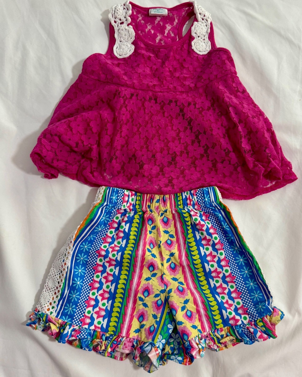 Peaches and Cream Vibrant Pink Lace Top, Colorful Patterned Shorts Set, Size 2T