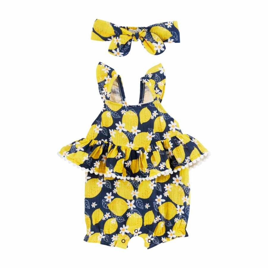 Mud Pie Fruit Stand Lemon Bubble and Headband Set 3-6M 6-9M 9-12M