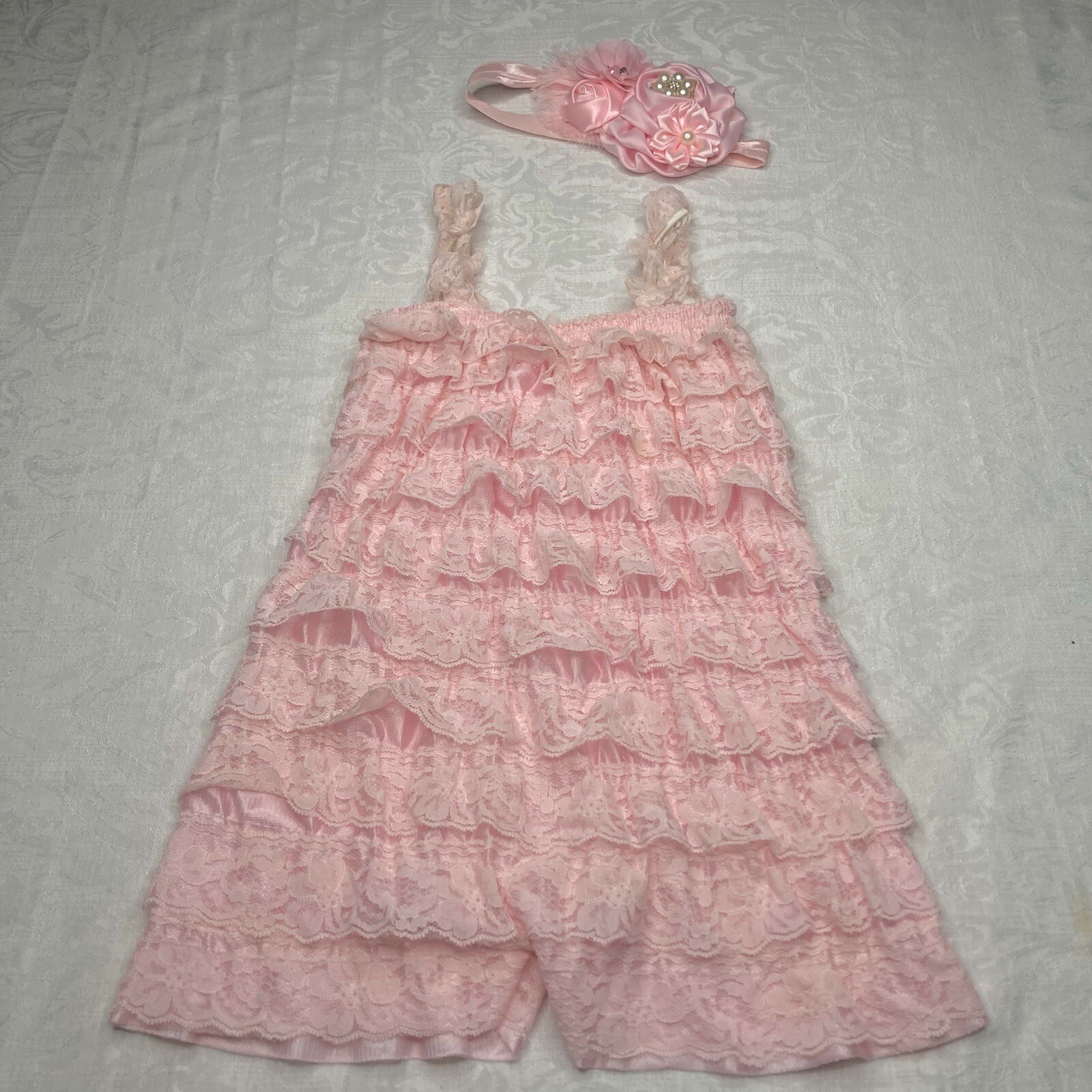 Adorabelle Jumper Pettiskirt Baby 12 to 18 months Pink Ruffle Headband Set