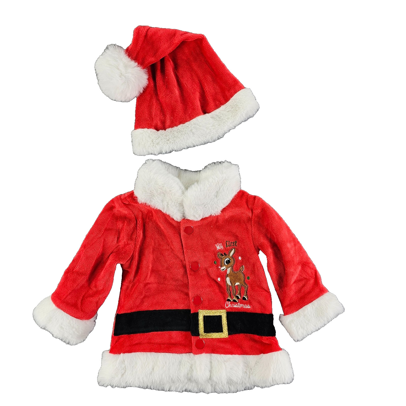 Baby’s First Christmas Santa Jacket Hat Rudolph Red Nosed Reindeer Size 3 months