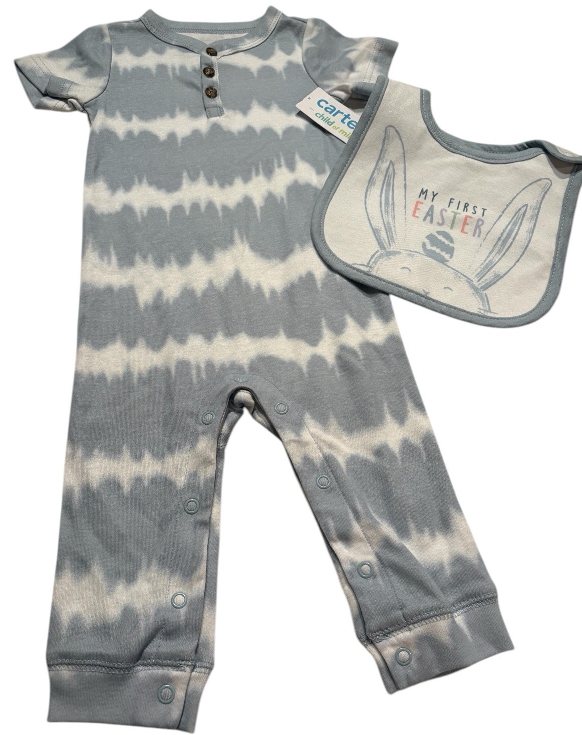 Carters Easter Outfit 2pc Size 0/3M My First Easter Romper Bib Blue Tie Dye