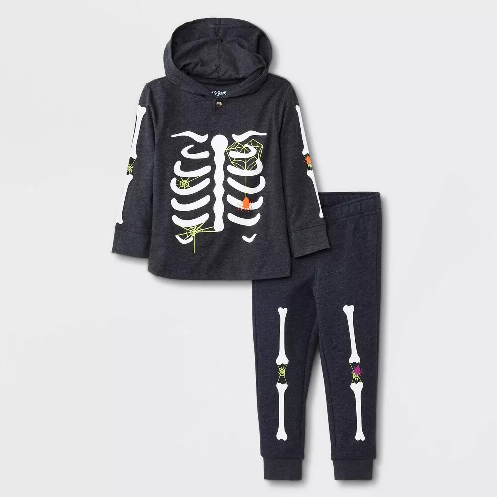 Toddler Boys’ Halloween Skeleton Long Sleeve Hooded Jersey T-Shirt Fleece 2T (P)