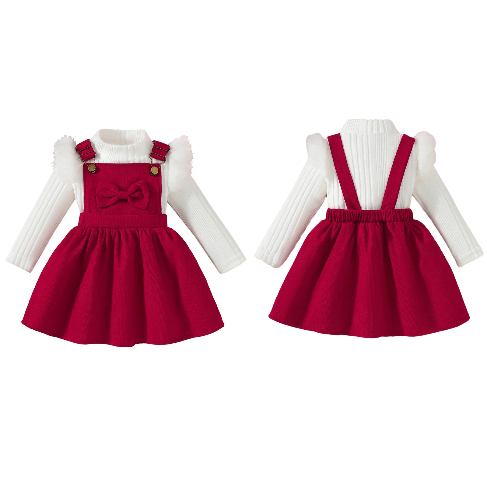 Girls Overall Dress Christmas Long Sleeve Ribbed T-Shirt Bowknot Suspender Skirt