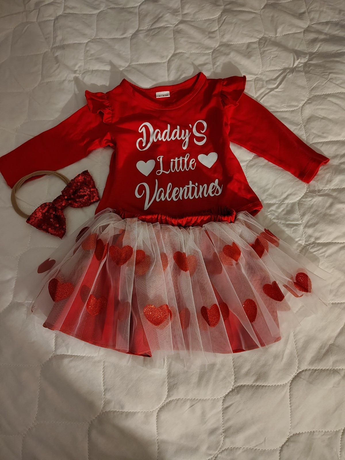 Girls Valentine Heart Tulle Dress Set 6-12M Red/White Long Sleeve + Headband 3pc