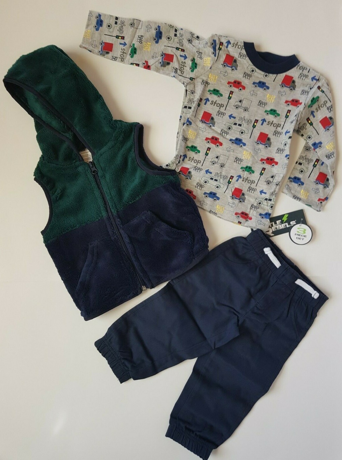 Little Rebels Baby Boy’s 3 Piece Set Long Sleeve Shirt, Vest, Pants Size 12M New