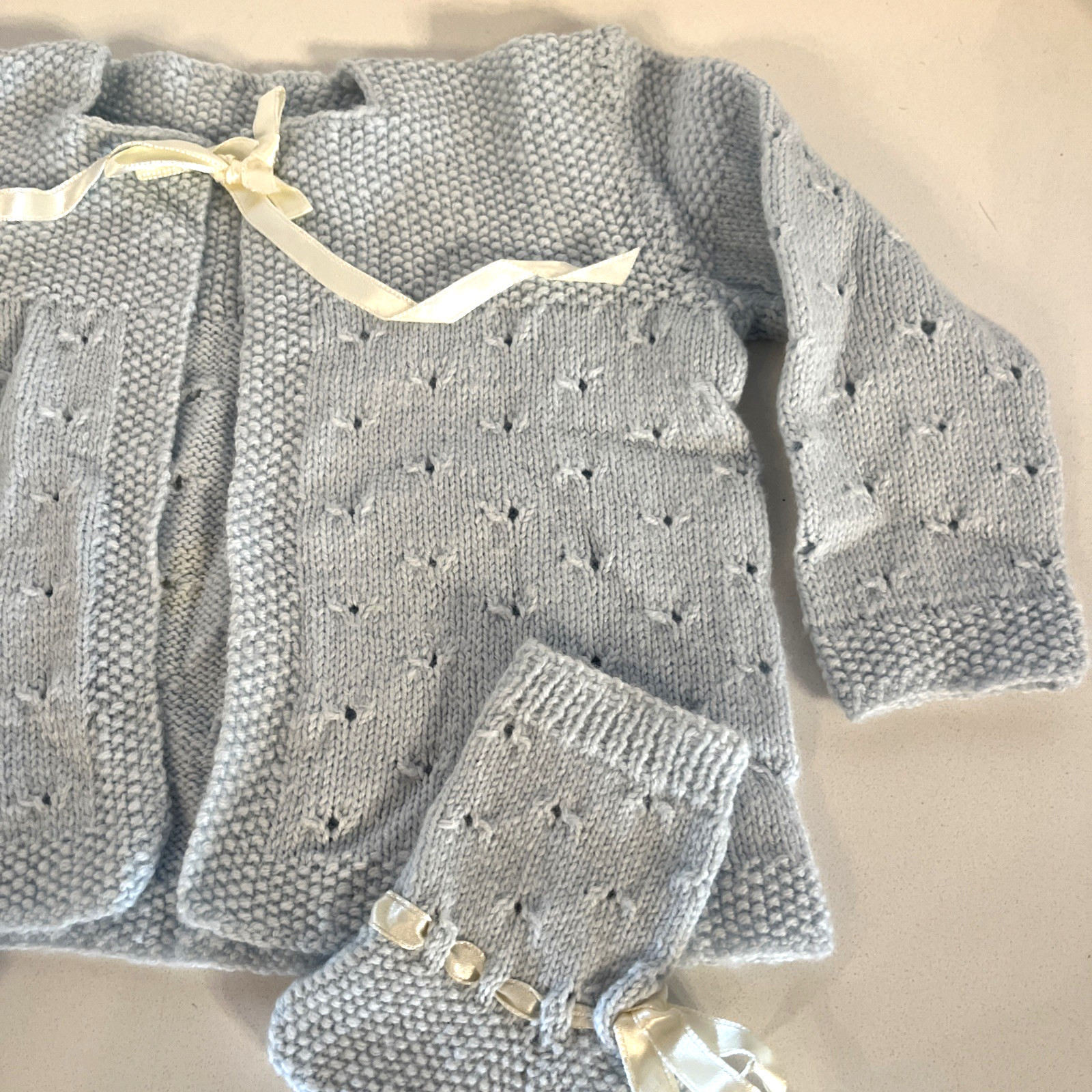 Vintage Baby Sweater & Booties Handknitted Fancy Blue with White Satin Ribbon