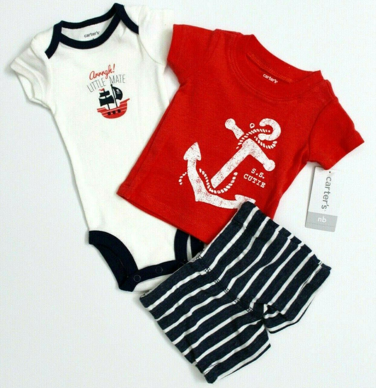 Carter 3Pc Short Sleeve Nautical Bodysuit Red Shirt Stripe Shorts Size Newborn