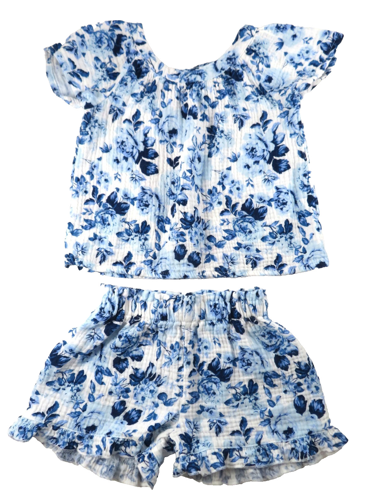 Btween Toddler Top Ruffle Shorts Set 3T Blue White Floral 100% Cotton Gauze Type