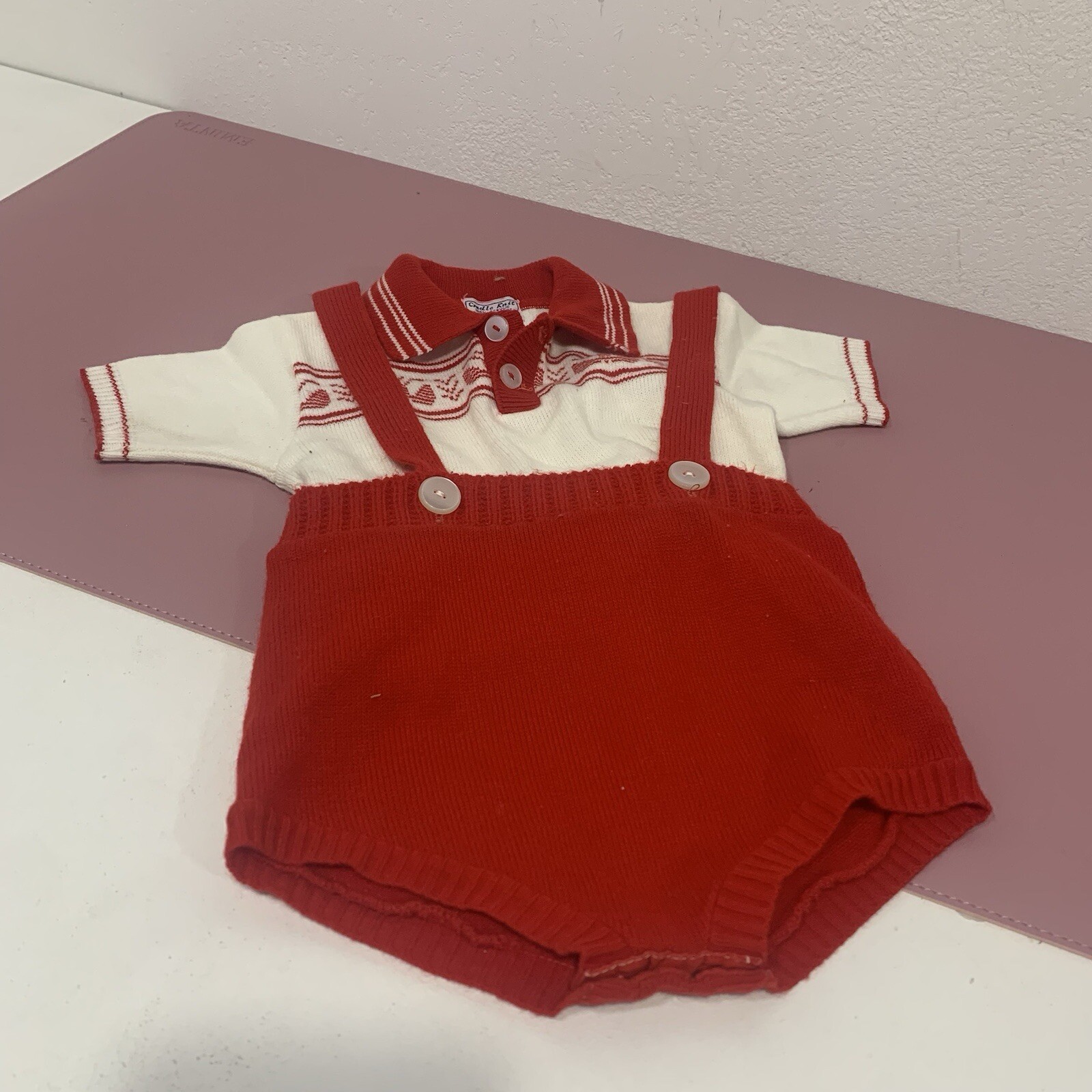 Vintage Baby Toddler Knit Holiday 2 Piece Outfit Romper 1.5-2y Red White Acrylic