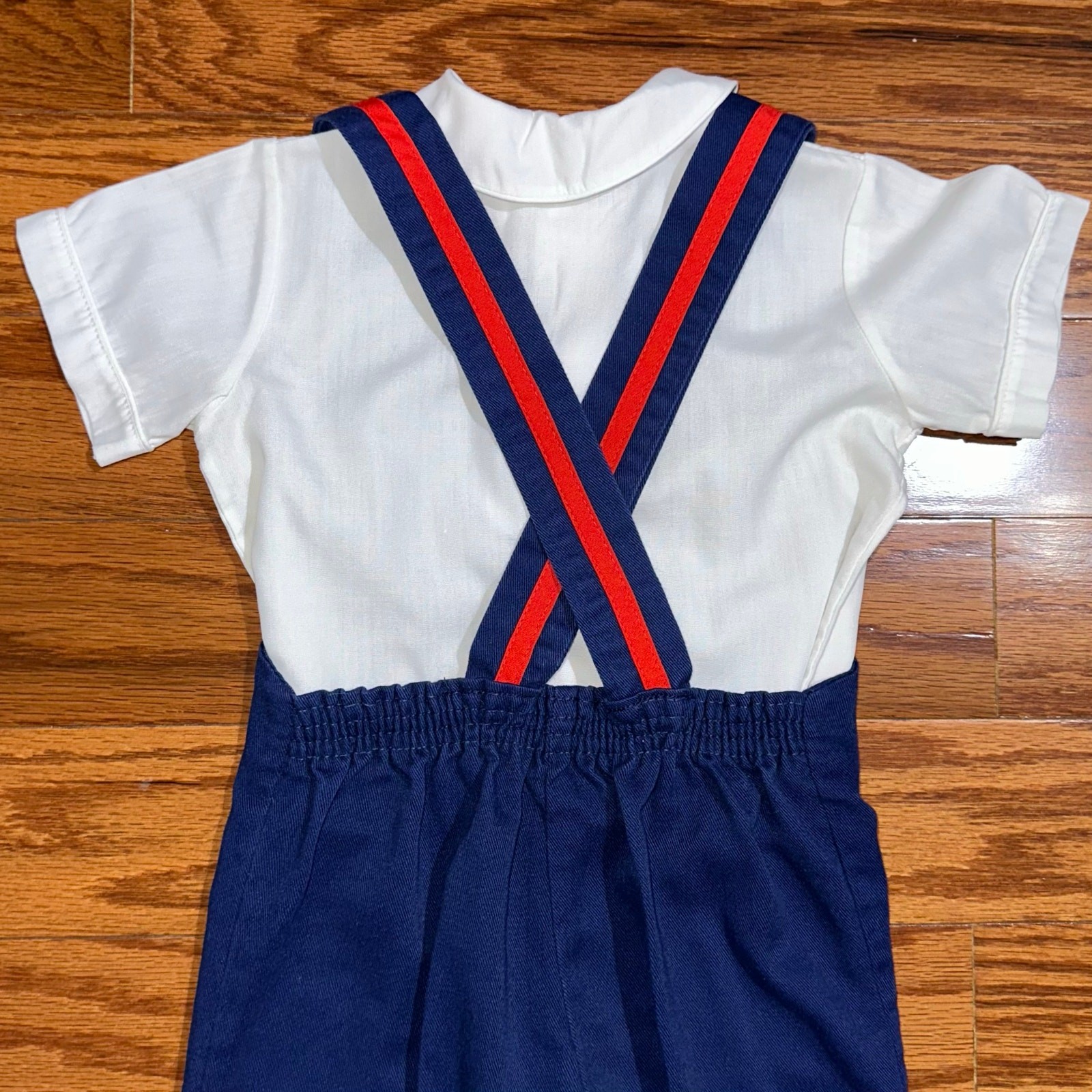 Vintage Baby Boys Red White Blue Sailboat Sailor Shirt & Overalls Set