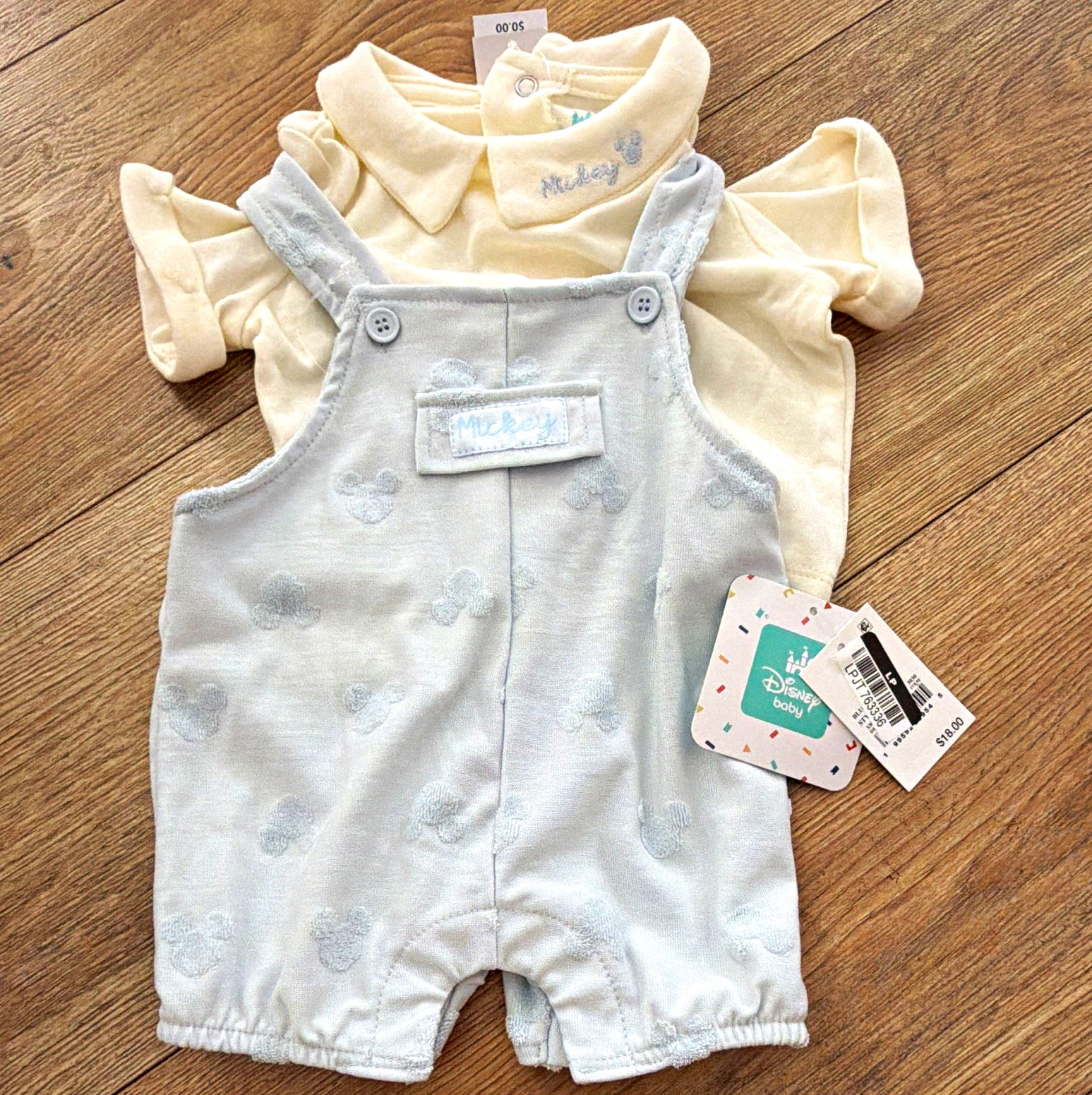 Disney Baby Mickey Mouse 0-3M 2-Piece Velour Overalls & Bodysuit Set Blue/Ivory