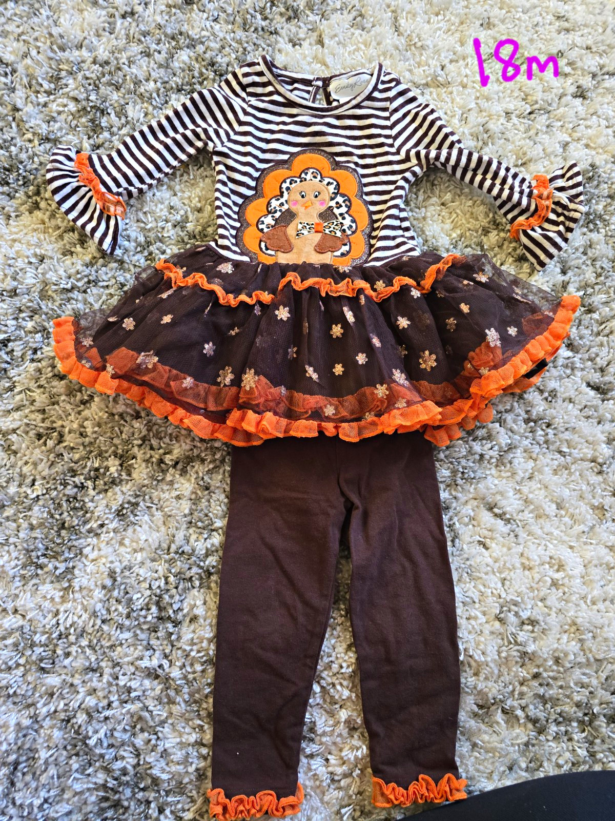 18M Girls Thanksgiving 2pc Brown White Striped Long Sleeve Top & Brown Pants Set