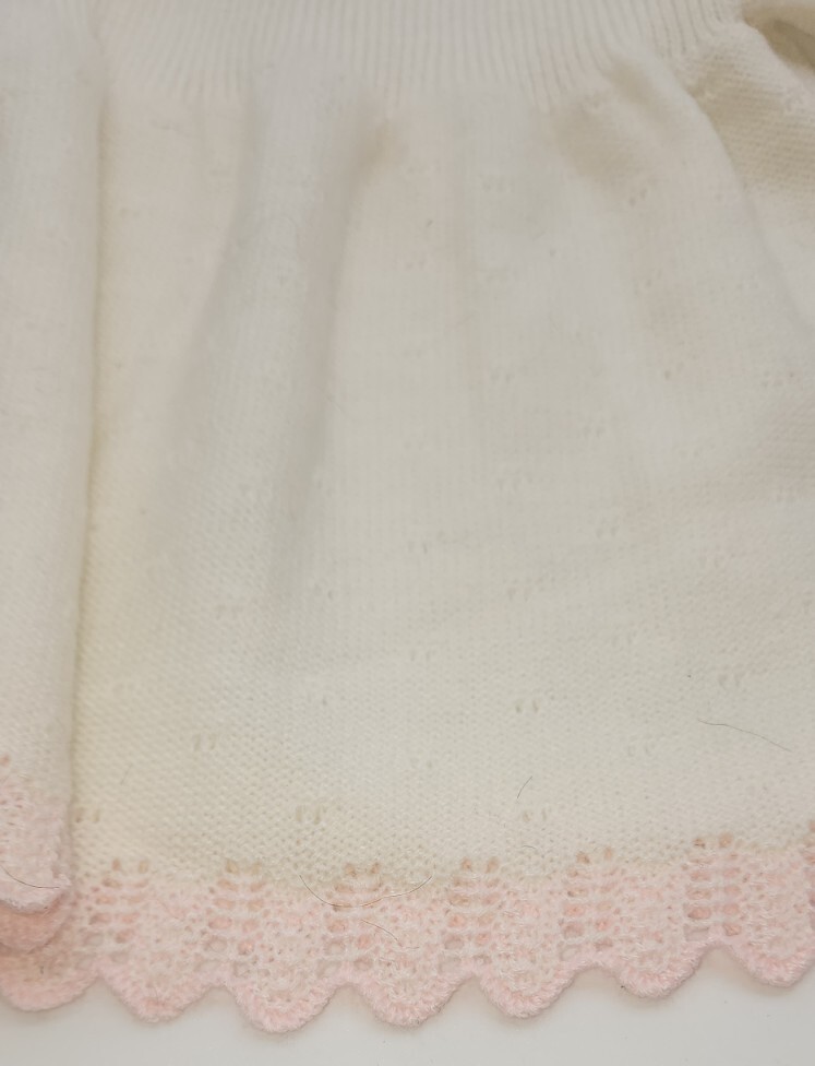 Small Creations White Knit Dress Pink Scalloped Edge Buttoned Back Made In Spain