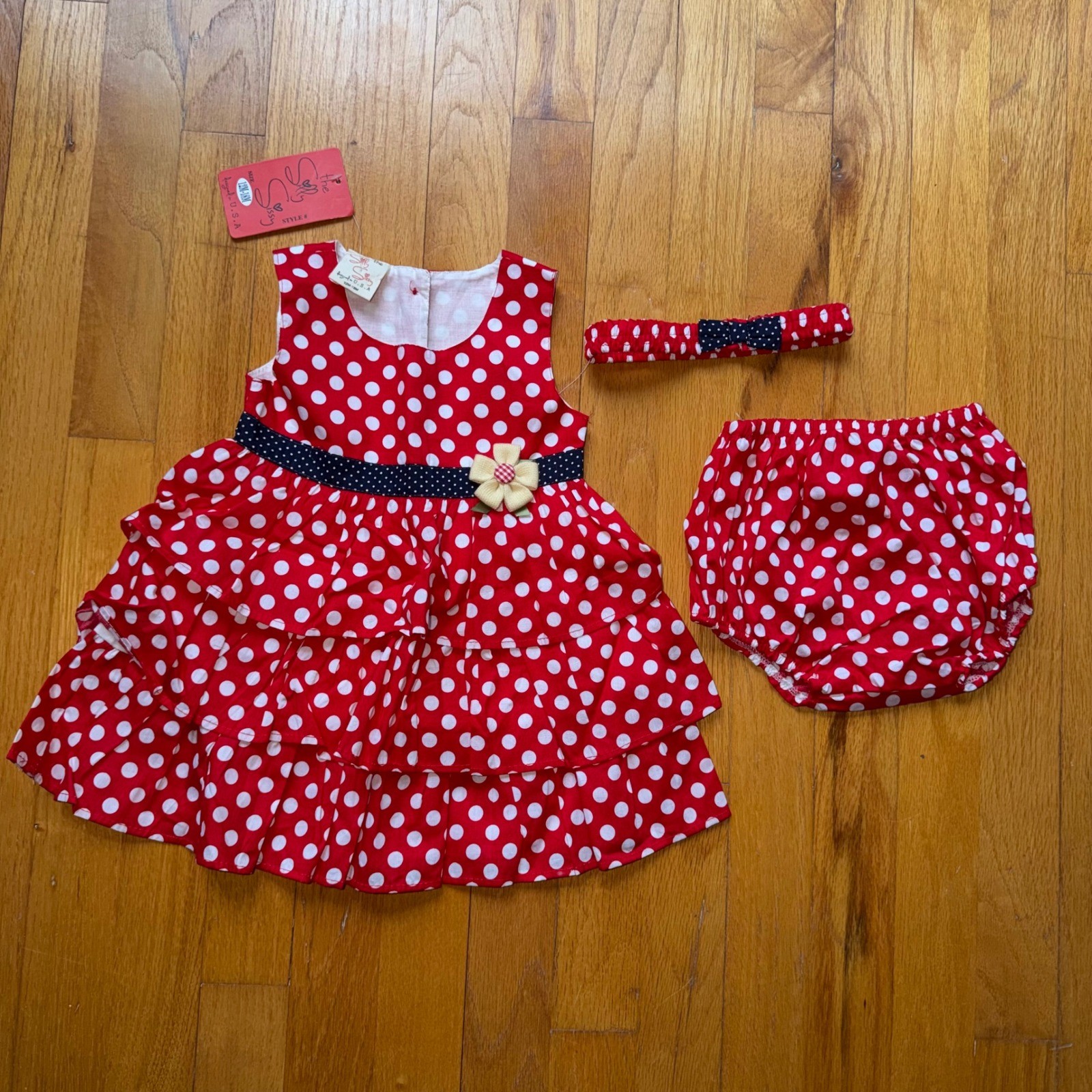 NEW The Silly Sissy Baby Red Polka Dot Tiered Ruffle Dress Set 12-18M Retro